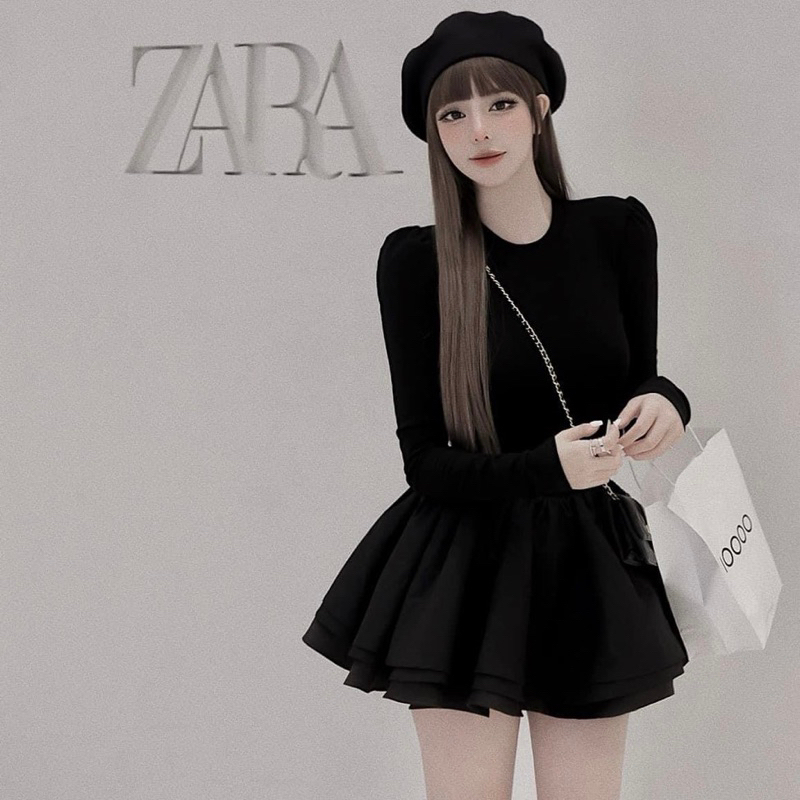 Váy Đen Trơn Cổ Tròn Tay Dài Chất Cotton Phối Thô Tacta Bồng, váy đen trơn Có Lót Quần Siêu Xinh V32