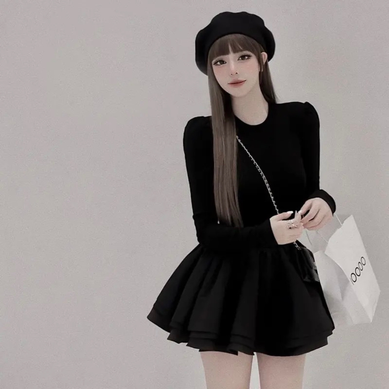 Váy Đen Trơn Cổ Tròn Tay Dài Chất Cotton Phối Thô Tacta Bồng, váy đen trơn Có Lót Quần Siêu Xinh V32