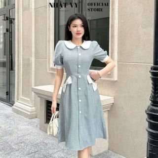 Đầm công sở caro Nhật Vy cổ tròn bèo đính nơ bên túi nhẹ nhàng sang chảnh phù hợp đi chơi dạo phố - D2881