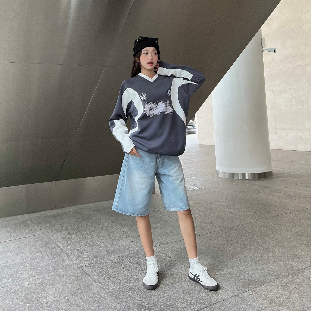 Calem Club - Áo thun tay dài poly 2 da cổ tim SPORTS có dây rút vải trơn, mềm mịn