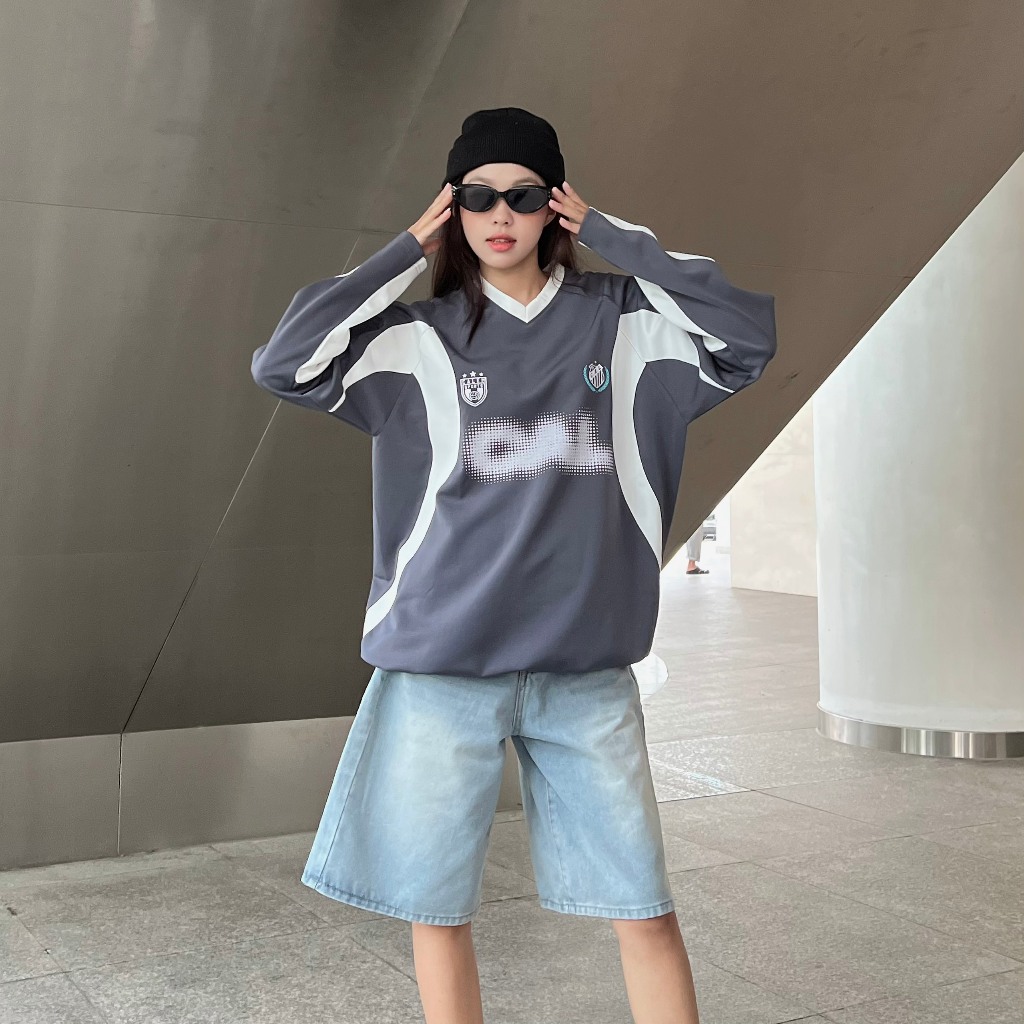 Calem Club - Áo thun tay dài poly 2 da cổ tim SPORTS có dây rút vải trơn, mềm mịn