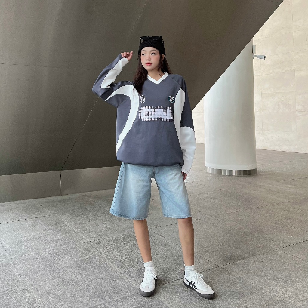 Calem Club - Áo thun tay dài poly 2 da cổ tim SPORTS có dây rút vải trơn, mềm mịn