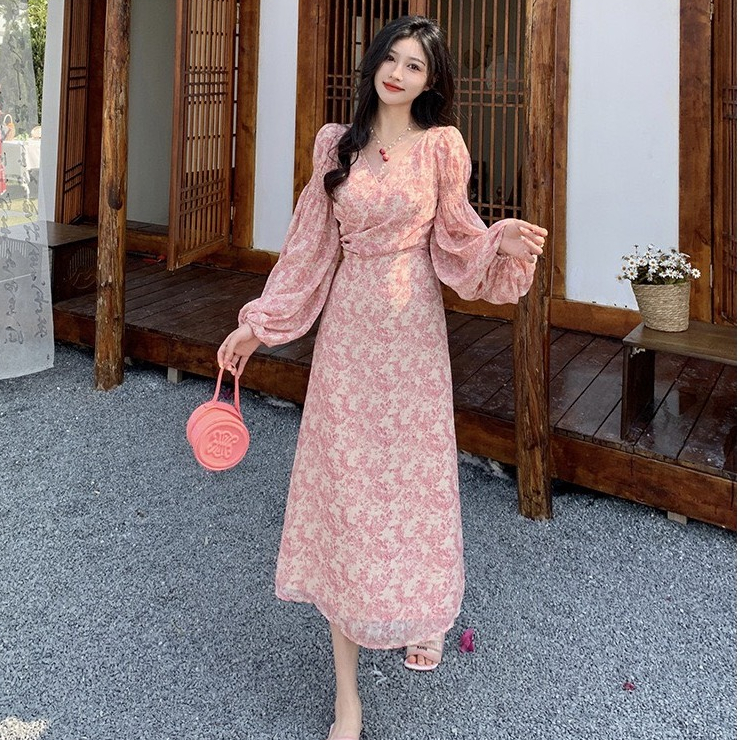 Đầm Đi Chơi Cuối Tuần Dài Hoa Văn Đẹp Cổ Chữ V Lưng Kín Tiểu Thư Kiểu Nhật Bản Coolline