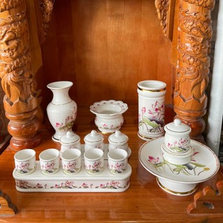 Bộ thờ cúng hoa sen men sứ cao cấp : bình, lư, dĩa, án, bi, chung đựng nước- đồ thờ vạn phúc