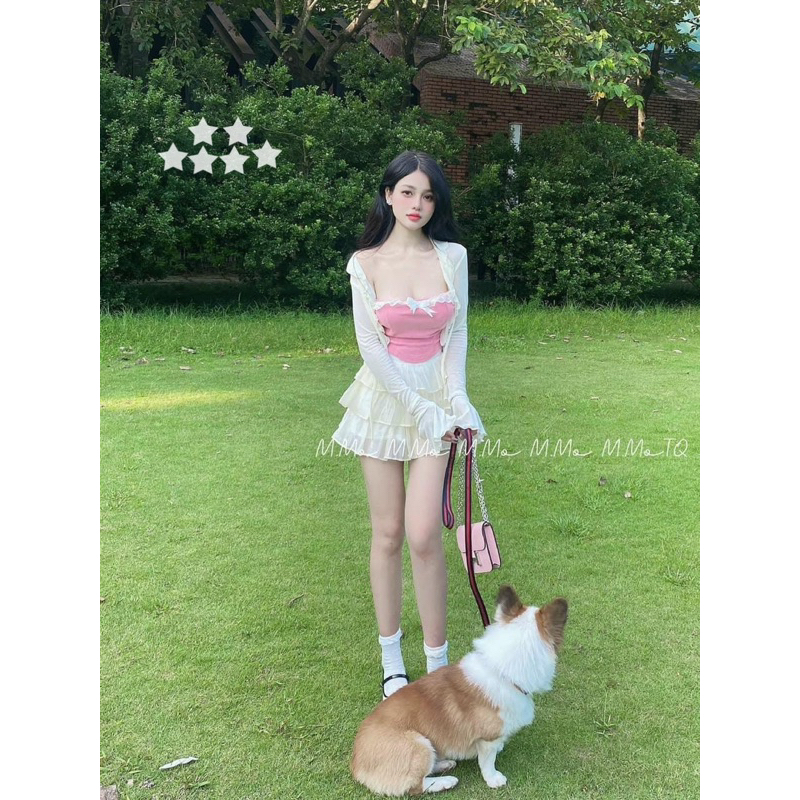 Set 3 món áo ống bèo kèm khoác và váy - Bộ 3 món gân tăm