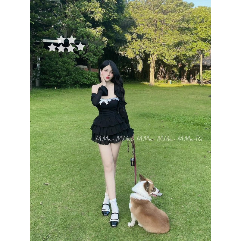 Set 3 món áo ống bèo kèm khoác và váy - Bộ 3 món gân tăm