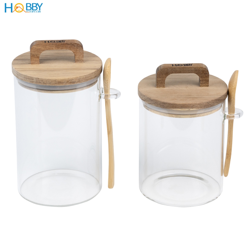 Hũ thuỷ tinh nắp gỗ có muỗng ron cao su Hobby home decor LTT3 dung tích tuỳ chọn