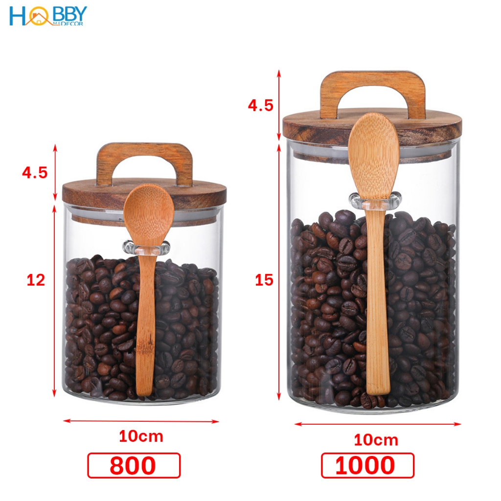 Hũ thuỷ tinh nắp gỗ có muỗng ron cao su Hobby home decor LTT3 dung tích tuỳ chọn