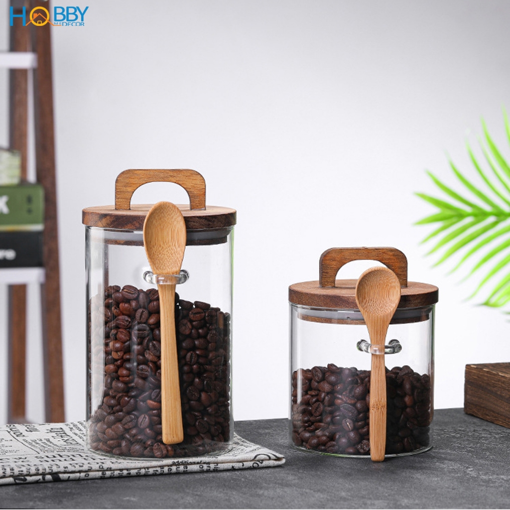 Hũ thuỷ tinh nắp gỗ có muỗng ron cao su Hobby home decor LTT3 dung tích tuỳ chọn