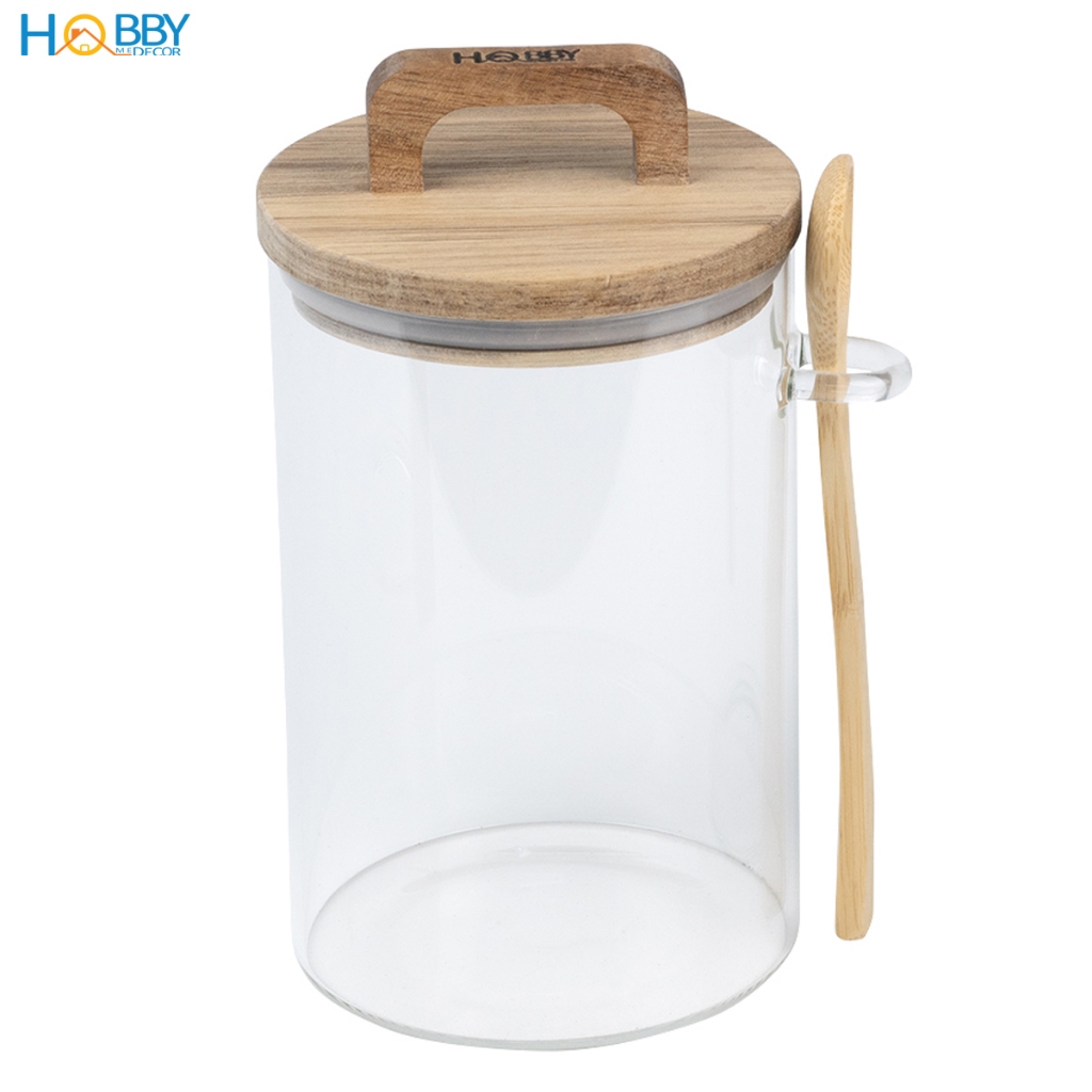 Hũ thuỷ tinh nắp gỗ có muỗng ron cao su Hobby home decor LTT3 dung tích tuỳ chọn