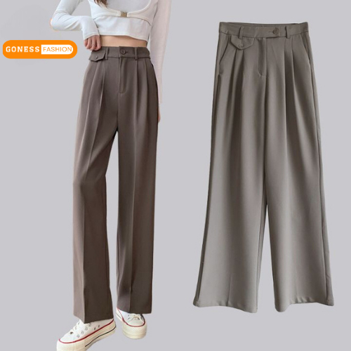 Quần ống rộng Goness 1 khuy lưng cạp cao baggy vải nữ dài suông loe culottes xuông thiết kế cạp túi nhiều màu QD03