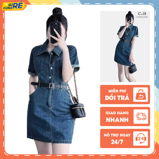 Váy đầm jean sơ mi tay ngắn thắt eo Tặng kèm đai Đầm bò cá tính C&H Clothing