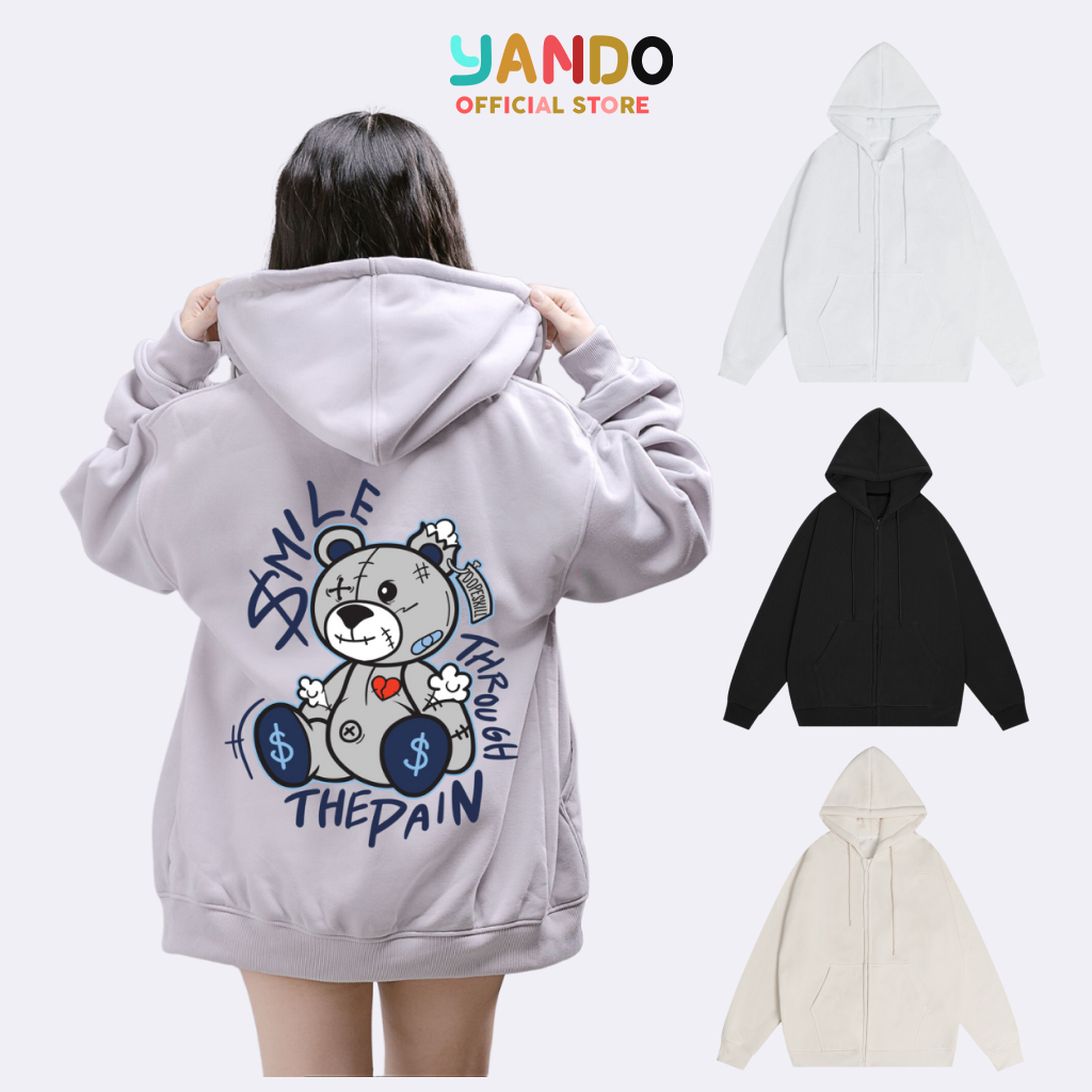 Áo Hoodie Zip Nam Nữ Gấu nâu Localbrand YANDO HD013 Nỉ Cotton Premium 350GSM