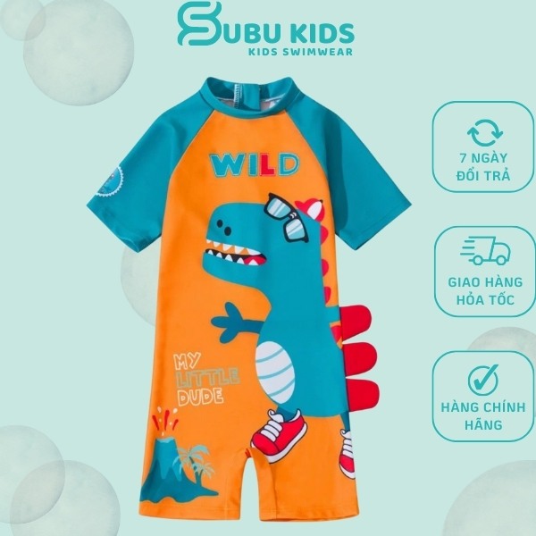 Đồ bơi bé trai liền thân họa tiết khủng long tay ngắn phối màu cam cá tính khóa kéo trước dễ sử dụng