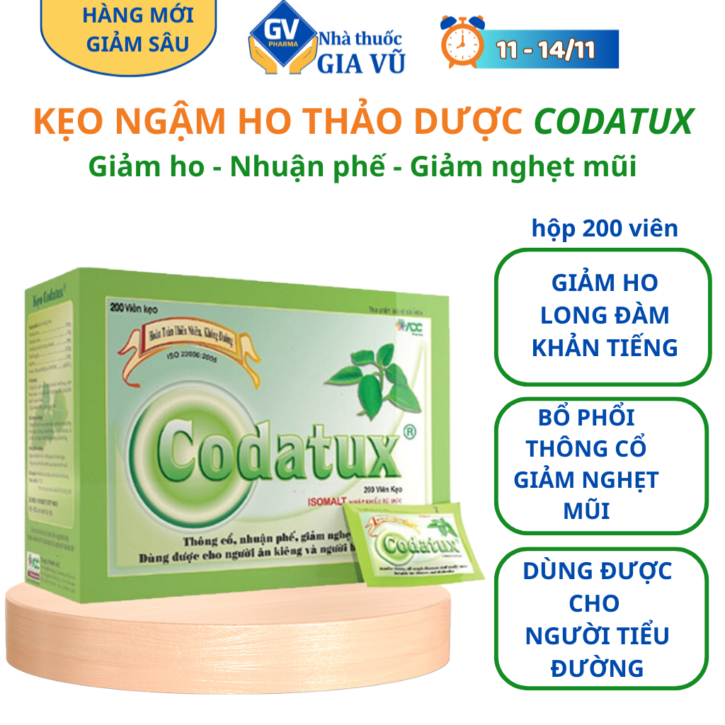Kẹo Ngậm Ho Thảo Dược Không Đường CODATUX Giảm Ho, Long Đàm, Bổ  Hộp 200 viên