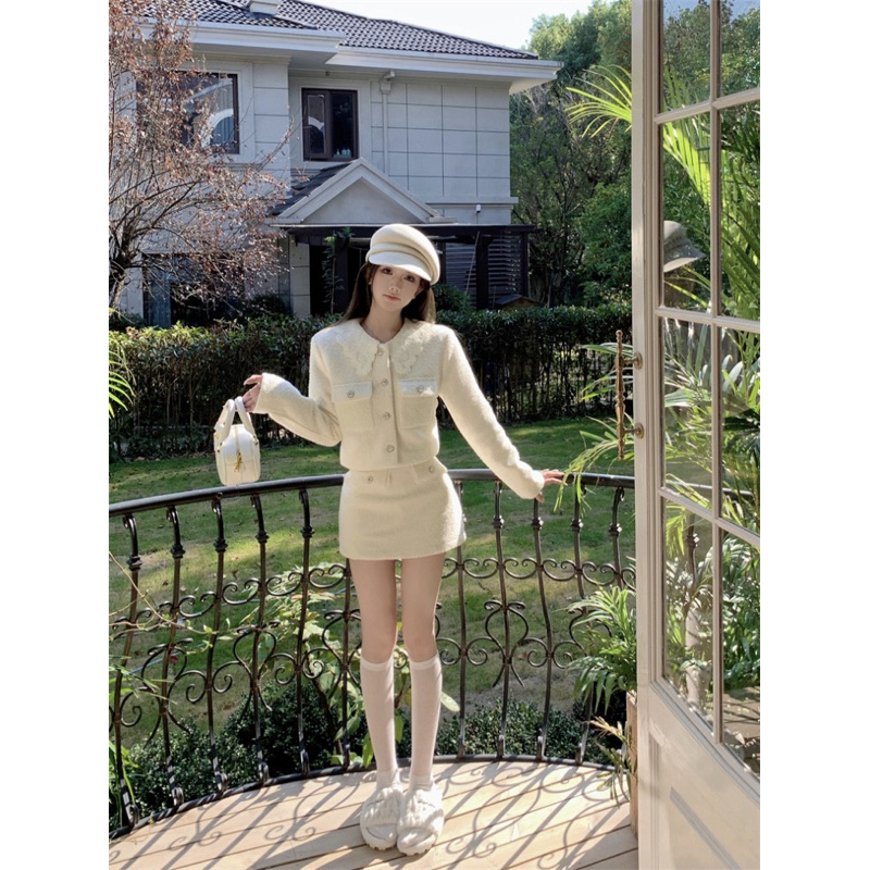 Set Áo Váy Dạ Vest Hàng QC Dài Tay Trắng Chân Váy Chữ A Ngắn Dài Thiết Kế Độc Đáo Tiểu Thư Hàn Quốc Ăn Tiệc Cưới Du Lịch