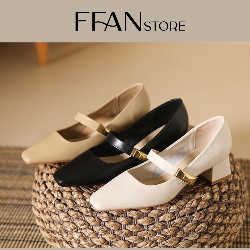 Giày nữ đế vuông mũi vuông cao gót Mary Jane bít mũi 260-23, da mềm mại màu đen be trắng FFAN STORE