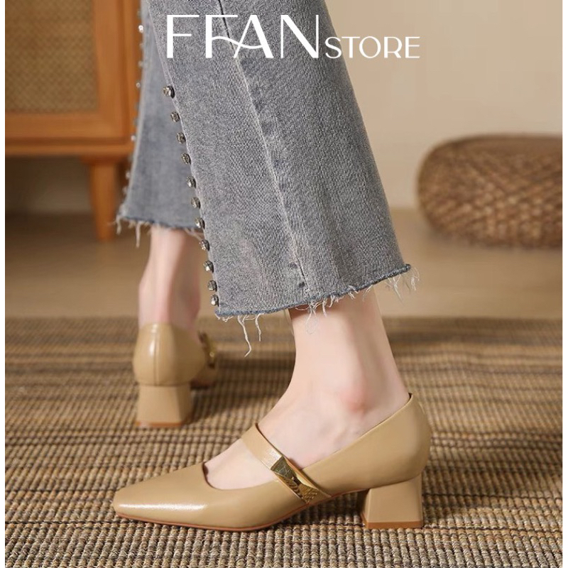 Giày nữ đế vuông mũi vuông cao gót Mary Jane bít mũi 260-23, da mềm mại màu đen be trắng FFAN STORE
