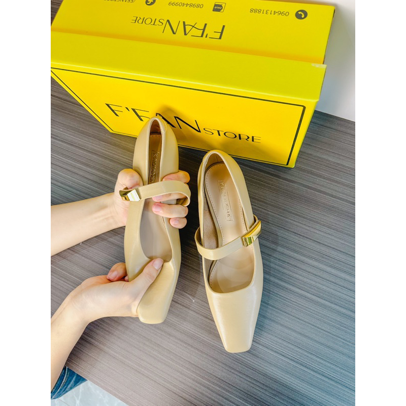 Giày nữ đế vuông mũi vuông cao gót Mary Jane bít mũi 260-23, da mềm mại màu đen be trắng FFAN STORE