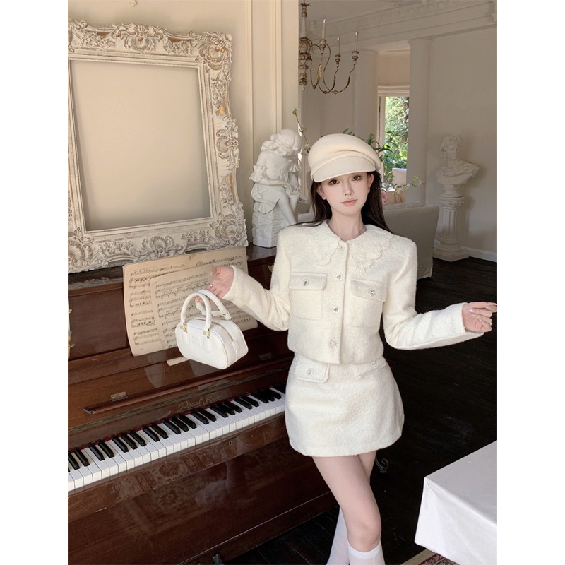 Set Áo Váy Dạ Vest Hàng QC Dài Tay Trắng Chân Váy Chữ A Ngắn Dài Thiết Kế Độc Đáo Tiểu Thư Hàn Quốc Ăn Tiệc Cưới Du Lịch