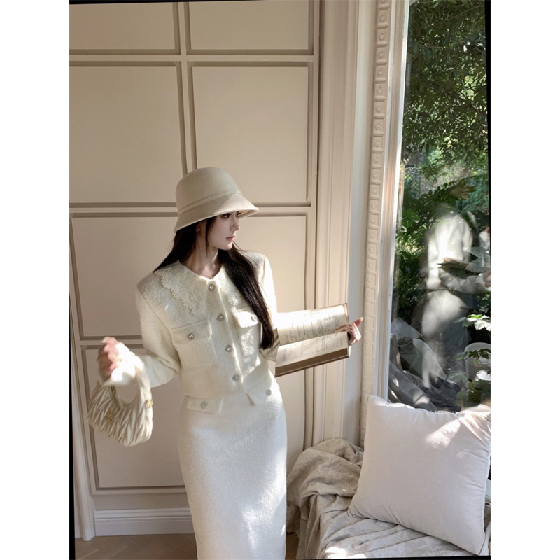 Set Áo Váy Dạ Vest Hàng QC Dài Tay Trắng Chân Váy Chữ A Ngắn Dài Thiết Kế Độc Đáo Tiểu Thư Hàn Quốc Ăn Tiệc Cưới Du Lịch