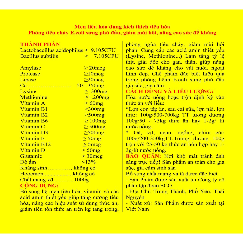 1 gói Men tiêu hóa 100g dùng kích thích tiêu hóa, phòng tiêu chảy, giảm mùi hôi, nâng cao sức đề kháng.