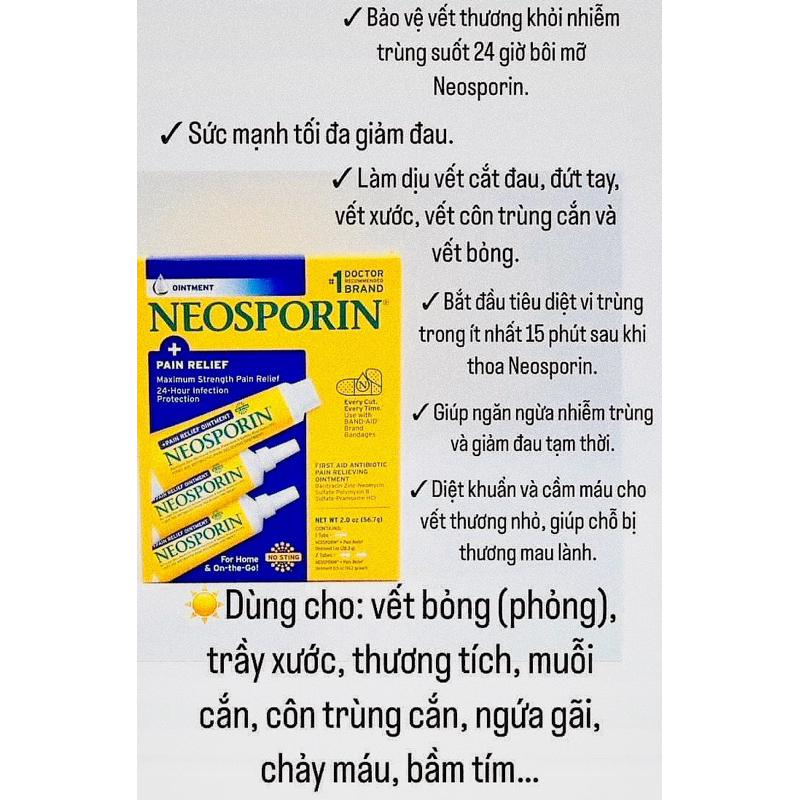 Neosporin lành vết thương hở, vết bỏng vết cắn Neosporin Pain Relief Ointment 56.7g Mỹ Date Mới Nhất