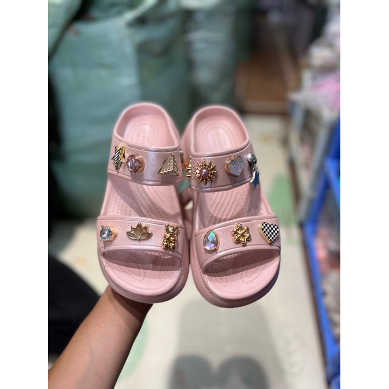 Dép 2 quai đế cao 7cm cross shimmer nhũ hồng kim tuyến - Tặng kèm full jib hoặc charm