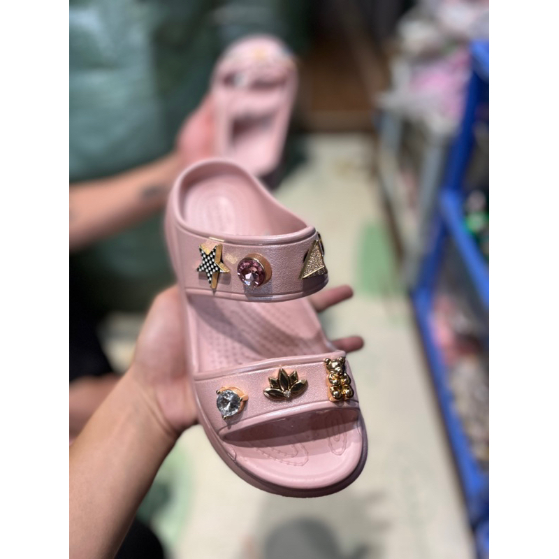 Dép 2 quai đế cao 7cm cross shimmer nhũ hồng kim tuyến - Tặng kèm full jib hoặc charm
