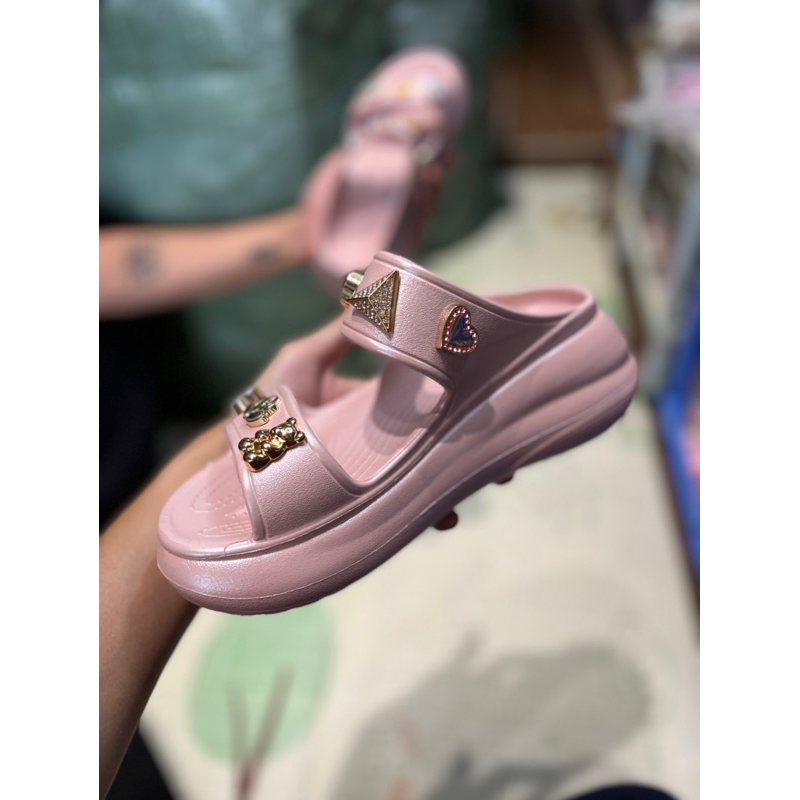 Dép 2 quai đế cao 7cm cross shimmer nhũ hồng kim tuyến - Tặng kèm full jib hoặc charm