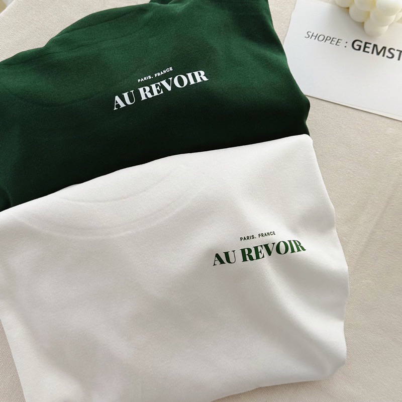 Áo thun nữ cotton in chữ Au revoir lá form rộng july shop dưới 60 kg