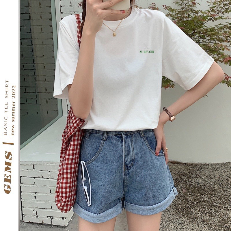 Áo thun nữ cotton in chữ Au revoir lá form rộng july shop dưới 60 kg