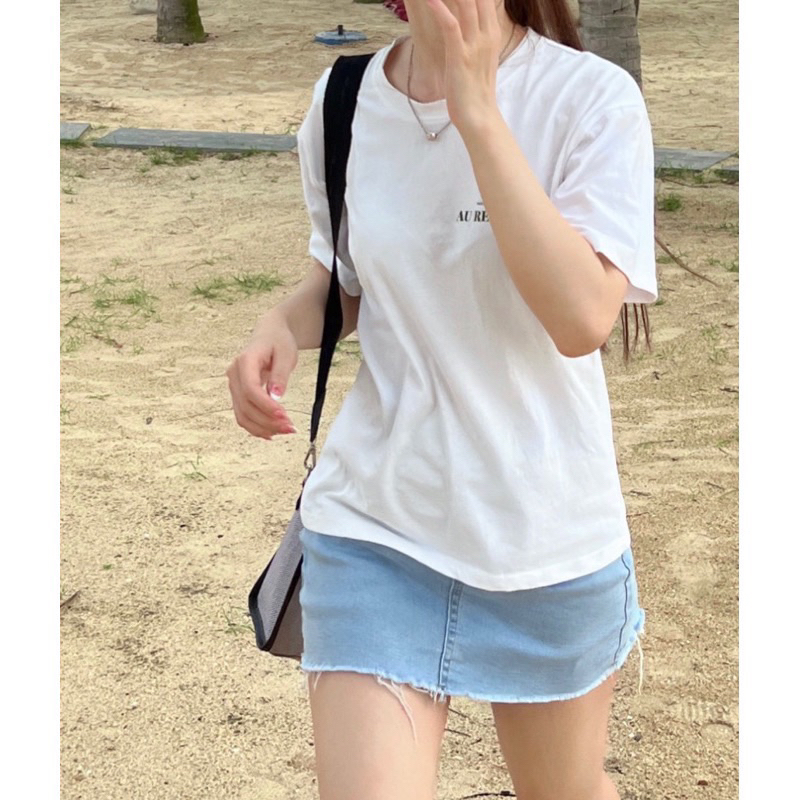 Áo thun nữ cotton in chữ Au revoir lá form rộng july shop dưới 60 kg