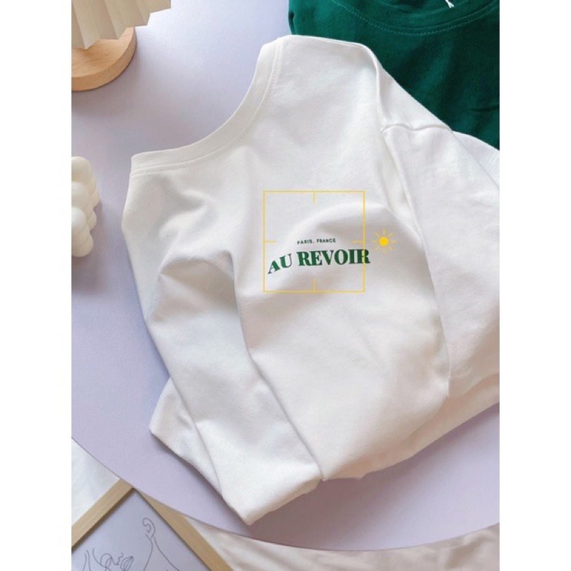 Áo thun nữ cotton in chữ Au revoir lá form rộng july shop dưới 60 kg