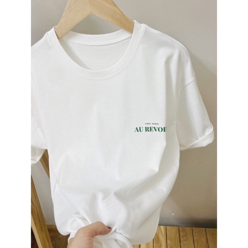 Áo thun nữ cotton in chữ Au revoir lá form rộng july shop dưới 60 kg