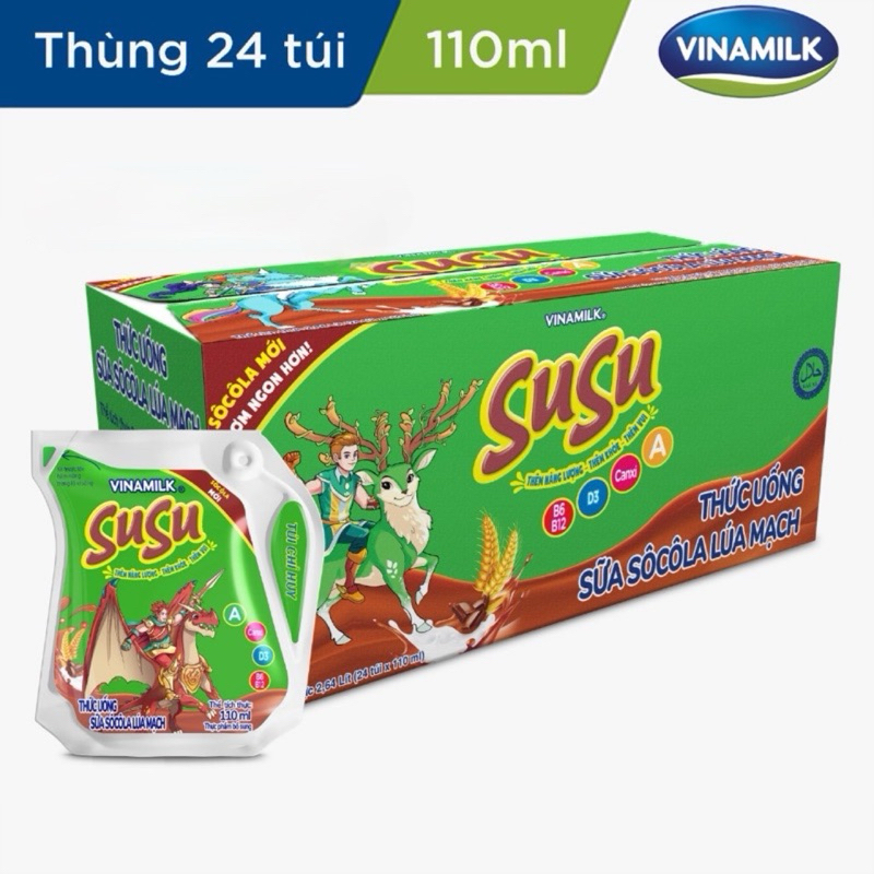 Thùng Thức uống sữa Socola lúa mạch / Cam / Dâu Vinamilk Susu - Thùng 24 túi 110ml