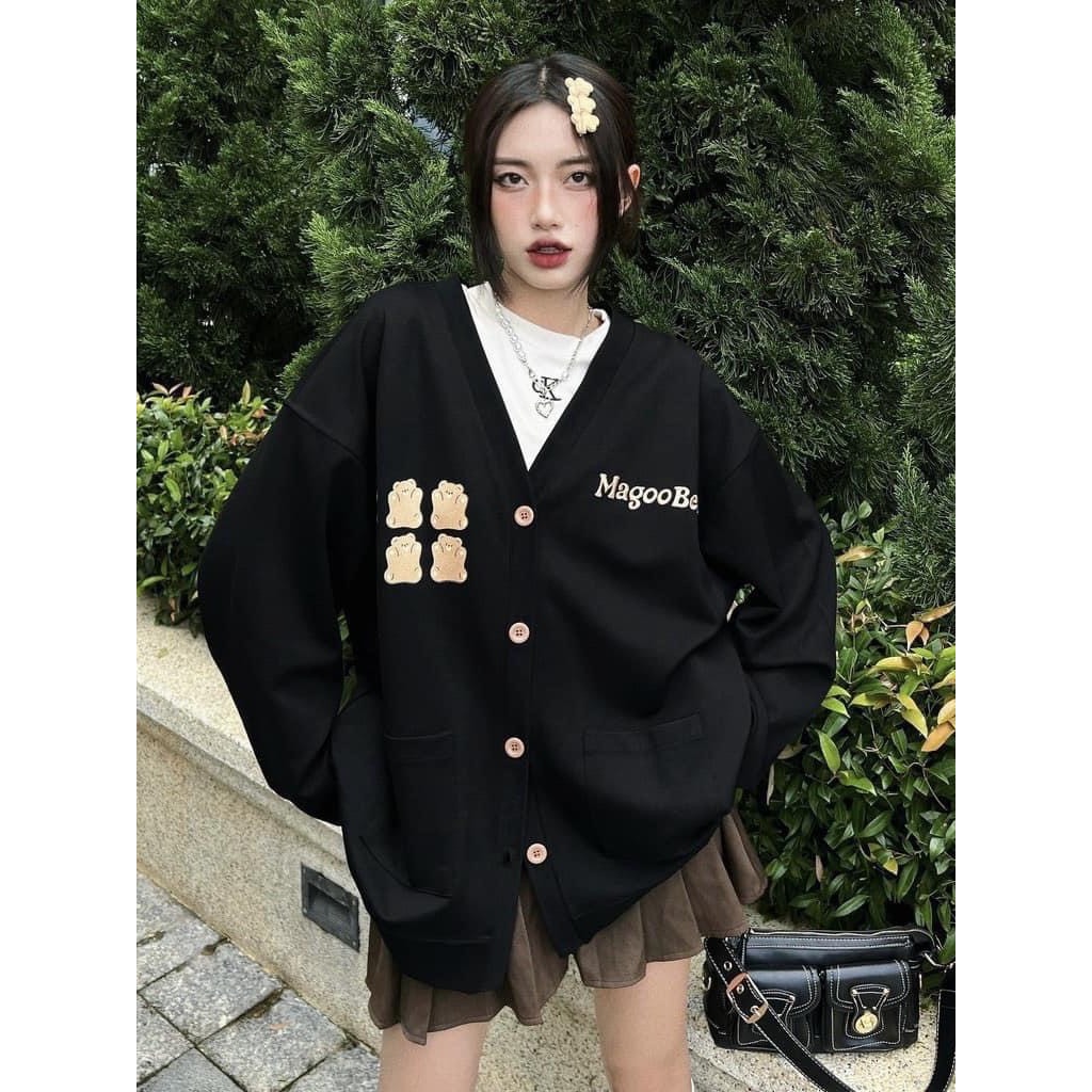 Áo khoác cardigan nữ form rộng đính nơ dáng dài kẻ ngang hottrend thu đông ulzzang Deliz