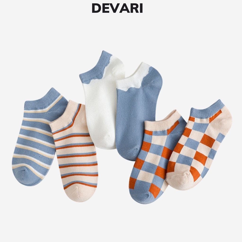 Combo 5 đôi tất nữ cổ ngắn chất cotton kẻ sọc co dãn 4 chiều thoáng khí mềm mại style hàn quốc dễ thương DEVARI T54