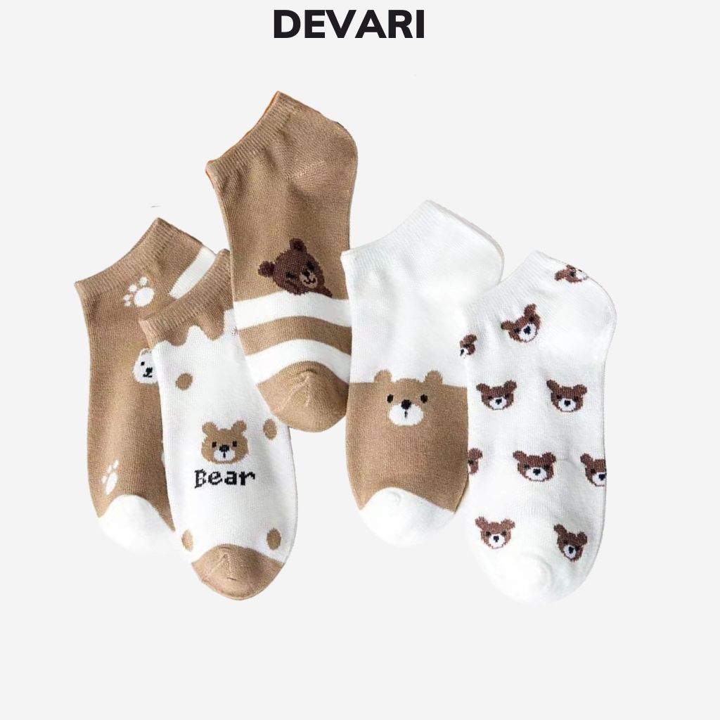 Combo 5 đôi Tất vớ nữ cổ ngắn chất cotton co dãn 4 chiều họa tiết gấu cute và baby dễ phối đồ DEVARI T75