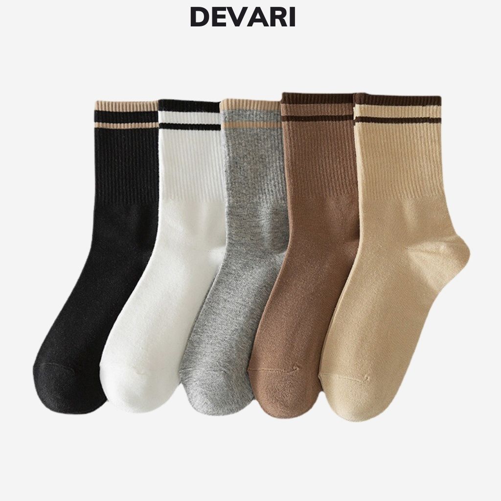Combo 5 đôi vớ nữ cổ cao nhiều màu phong cách nhật bản có đường viền đơn giản trẻ trung DEVARI T411