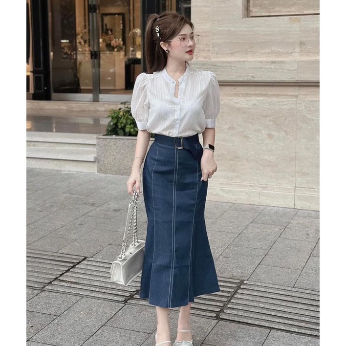 Sét Áo Xốp gân Cổ Sơ Mi Tay Ngắn Chân Váy Jean Quảng Châu