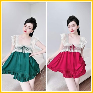 Bộ tay cánh tiên quần đùi, bộ ngủ nữ lụa latin trơn phối ren lưới xinh - linhnguyenshop