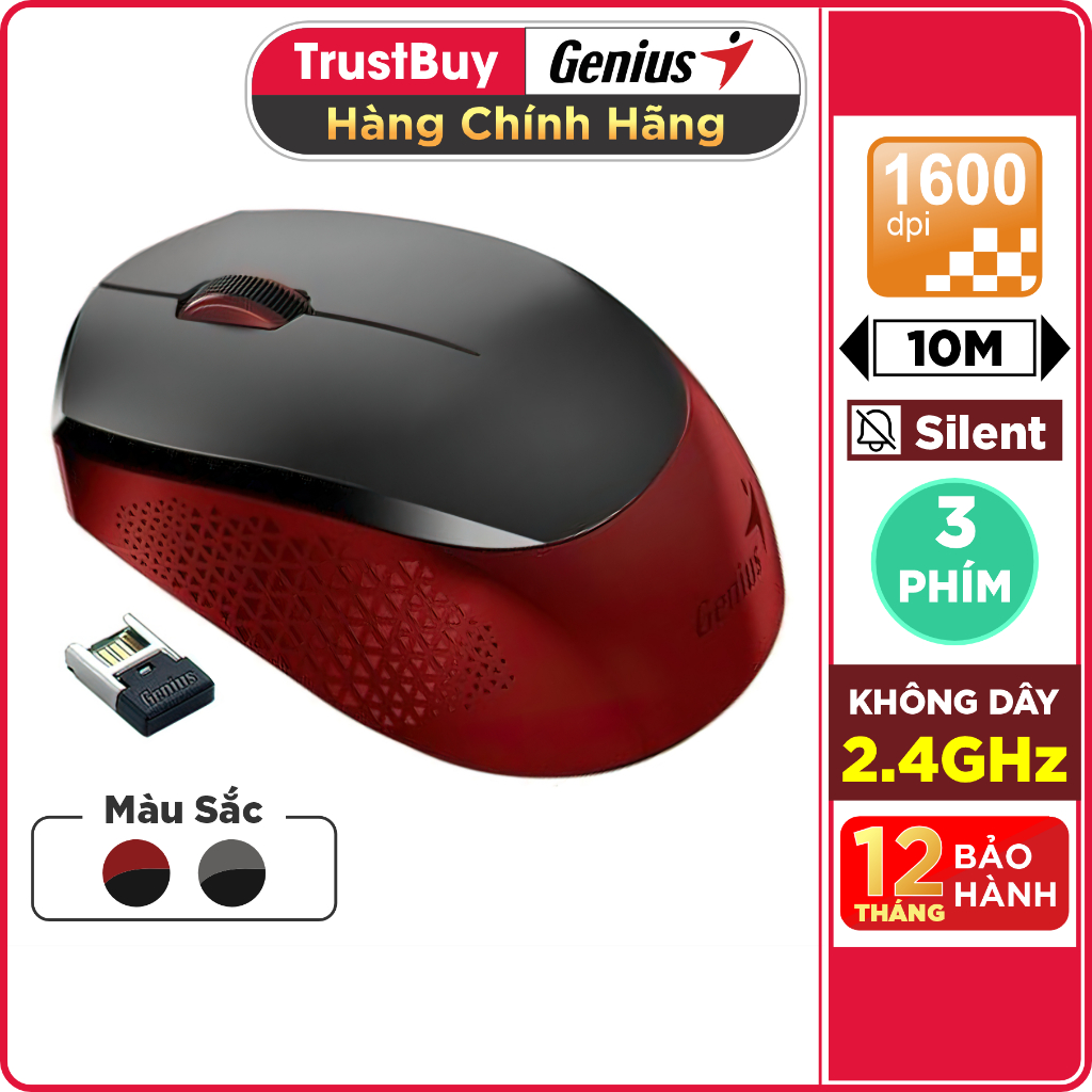 Chuột Không Dây Silent Wireless Genius NX-8000S 3 Mức DPI 800 1200 1600 - Hàng Chính Hãng