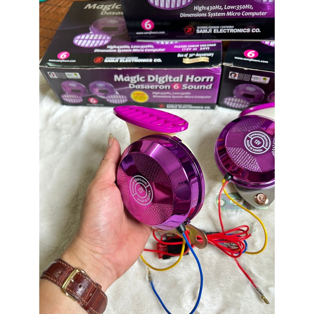 Bộ còi ngân ô tô Samji Hàn Quốc 6 tiếng.Còi ngân tím 12v 24v