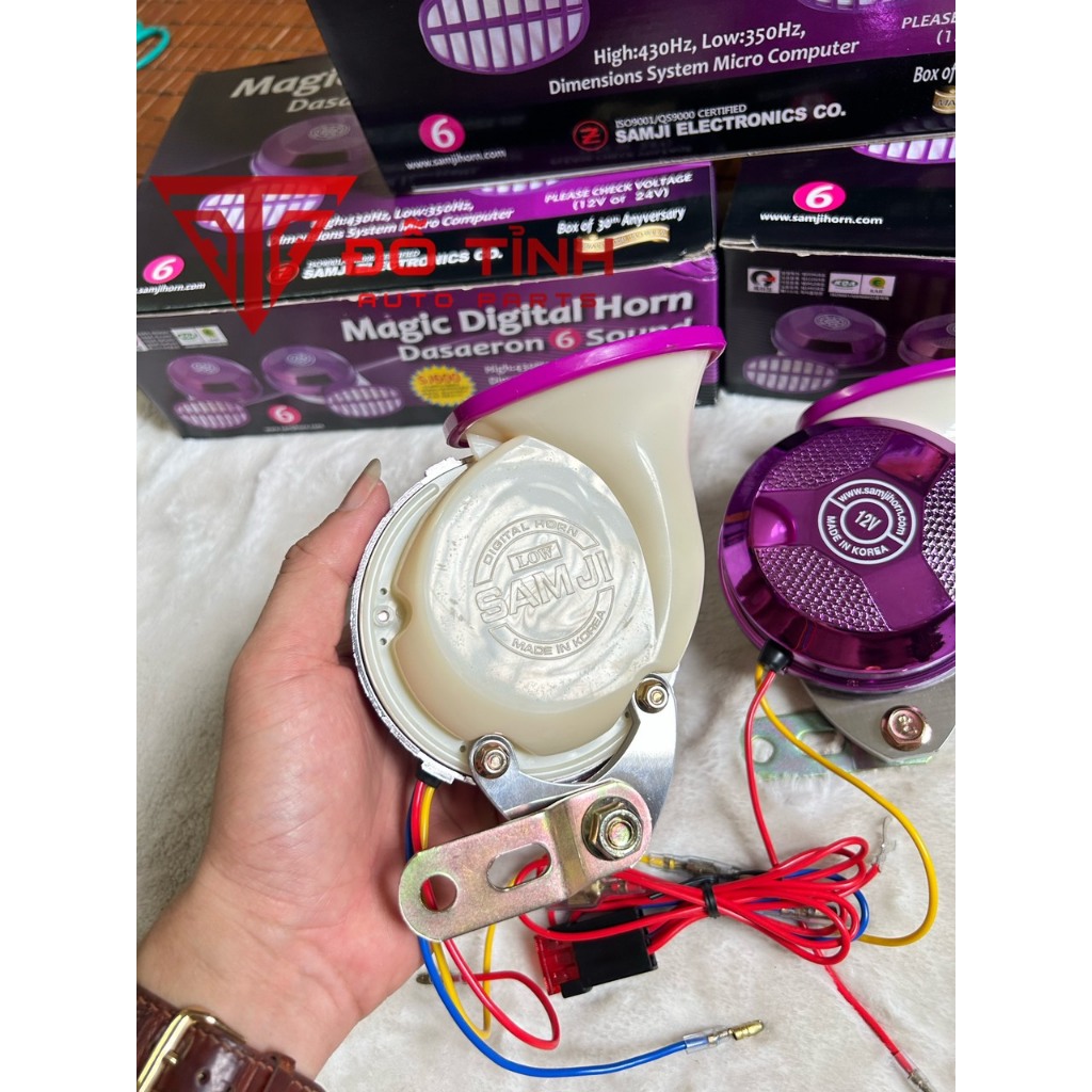 Bộ còi ngân ô tô Samji Hàn Quốc 6 tiếng.Còi ngân tím 12v 24v