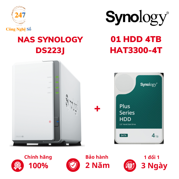 Combo Thiết bị lưu trữ mạng NAS Synology DS223j và Ổ cứng HDD Synology