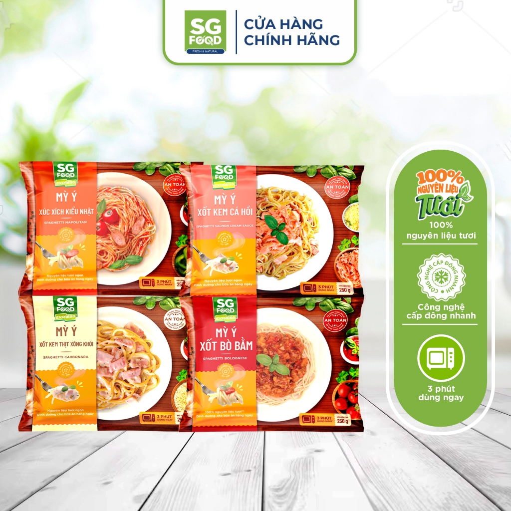 Combo 4 Mỳ Ý SG Food 250g mỳ ý xốt bò bằm, mỳ ý xúc xích, mỳ ý xốt kem thịt xông khói, mỳ ý xốt kem cá hồi