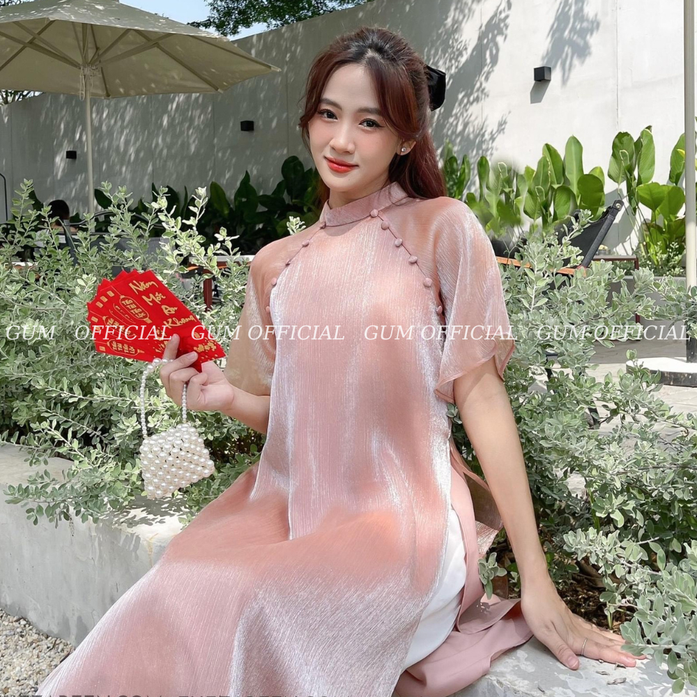 Set áo dài voan tơ trơn cộc tay 2 hàng cúc vai kèm quần GUM OFFICIAL , áo dài cách tân tay lỡ 4 tà lụa mềm