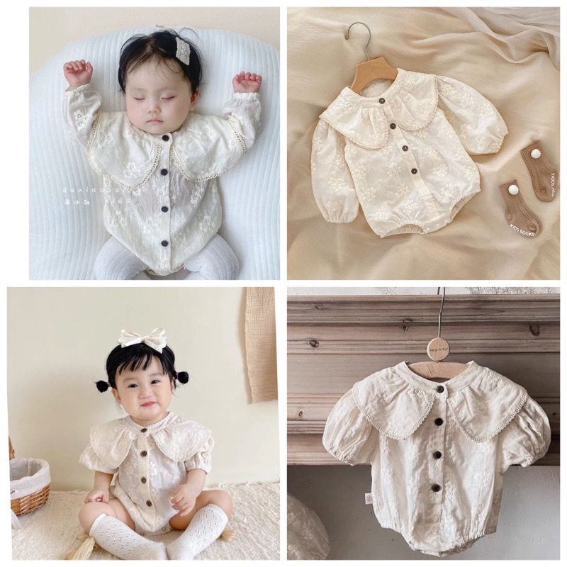 Bộ áo liền quần cổ rộng thêu hoa xinh xắn dành cho bé gái, chất thô mềm min cho bé gái diện đầy tháng, đi chơi (EK105)