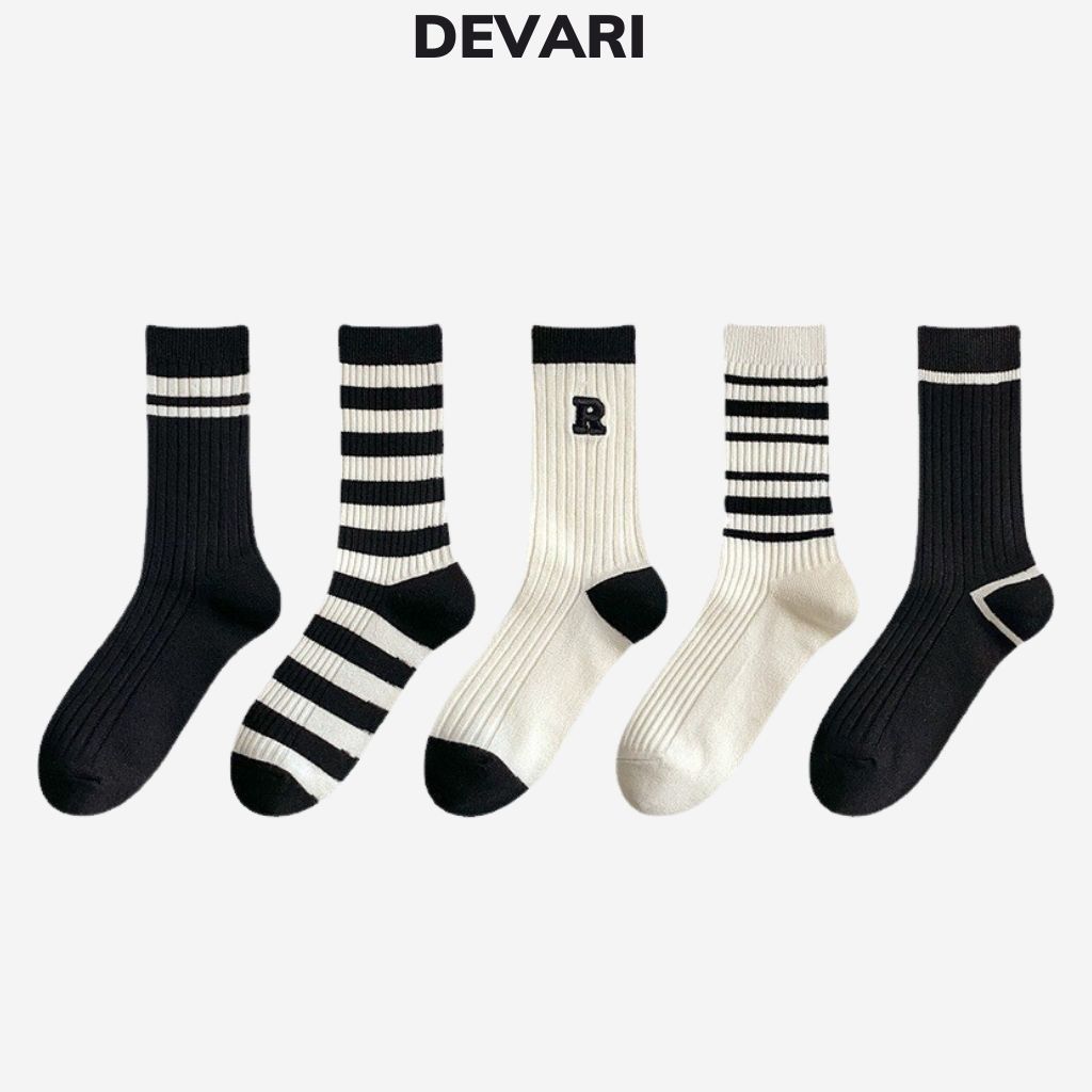 Combo 5 đôi tất nam nữ cổ cao chất liệu cotton kẻ sọc họa tiết chữ thời trang thu đông cute và dễ thương DEVARI T765